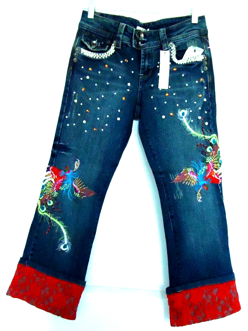 Rare Vintage Style Unisex  Denim Jeans Pants Birds Peacock  Embroidered Size-4