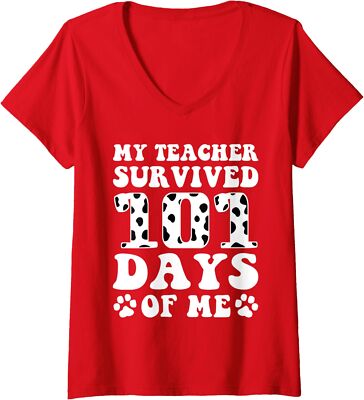 Cute My Teacher Survived 101 Days of Me Funny Dog Ladies' V-Neck Tshirt