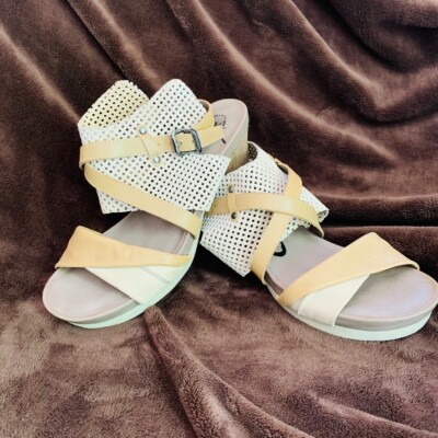 OTBT Women's Take Off Sandal's Tan Stone Perforated Ankle Strap Chunky Heel 7.5