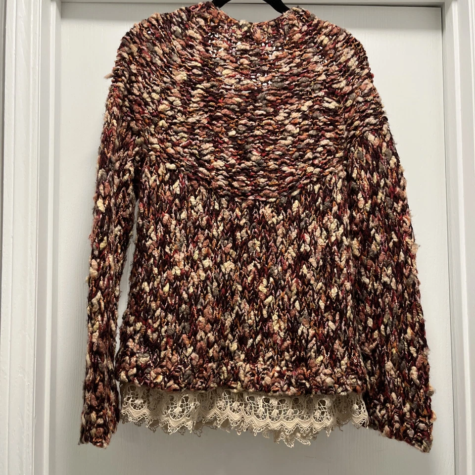 HWR Anthropologie Size L Chunky Knit Lace Trim Button Front Cardigan Sweater - Image 2 of 4