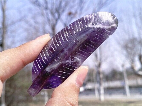 Carved 3.3" Natural Dream Amethyst Feather Reiki Crystal plume Crystal Decor 1PC - Picture 2 of 15