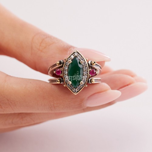 Turkish Reversible Marquise Emerald Ruby Jade Topaz 925 Sterling Silver Ring - Picture 12 of 13