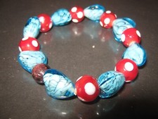 Blue Heart Red & White Glass Bead Stretch Bracelet