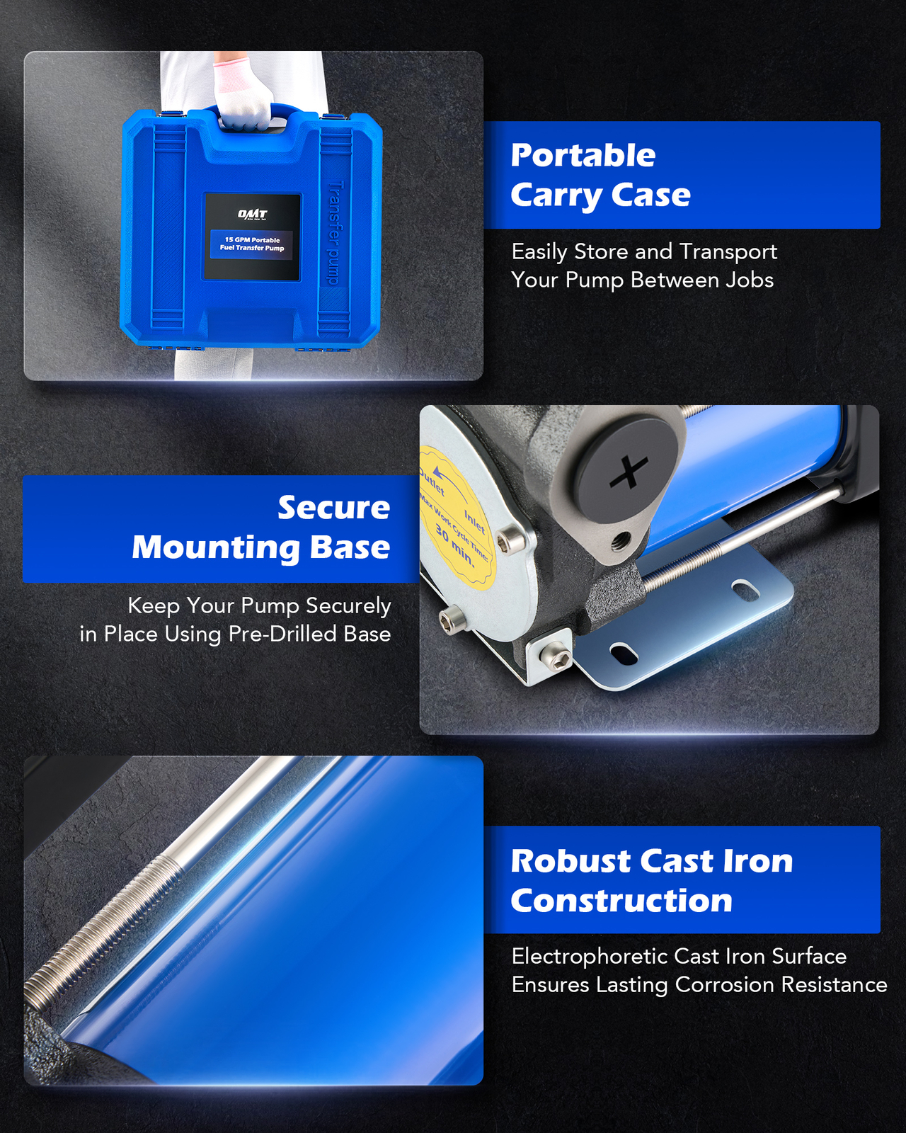 OMT 15gpm Gasoline Transfer Pump Kit for Kerosene Diesel with Inner Bypass Valve