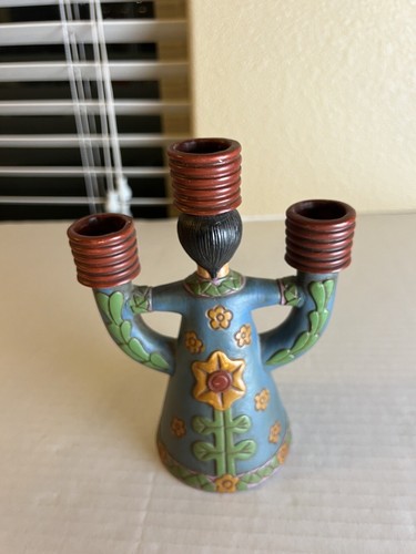 Bell Shape Girl 3 Tier Pottery Candelabra Candle Holder Folk Art - Picture 5 of 6