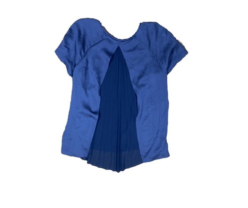 Rebecca Taylor Silk Blouse Size 8 Blue Pleated Back Panel Short Sleeve Top Shirt - Picture 2 of 8