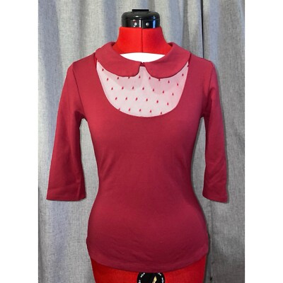 Unique Vintage cranberry red Swiss Dot Peter Pan collar 3/4 sleeve top XS 2 NWOT