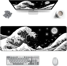 Gaming Mouse Pad Japanese Black and White Sea Wave Large XXL Mouse Pad Extended
