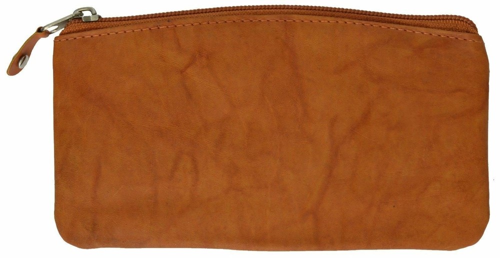 Large Leather Zippered Coin Change Purse Womens Ladies Tan Bills Cards Etc New