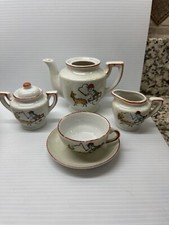 Vtg Children Miniature 6pc Porcelain Toy Tea Set Japan Boy Riding Cart Pulled