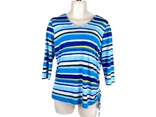 Womens Nue Options Petite Sz PL 3/4 Slv Blue Striped V-Neck Stretchy Top