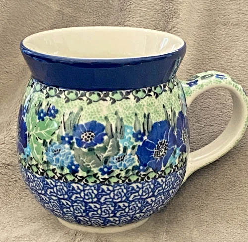 Polish Pottery 16 oz. Bubble Mug UNIKAT Blue & Green Floral Flowers