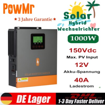 Hybrid Wechselrichter 12V MPPT 1000W 40A PV20-150V Solar Inverter DHL DE STORE