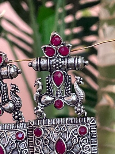 German Silver Bollywood Fancy Earrings Peacock Design Traditionally Jewelry - Picture 6 of 6