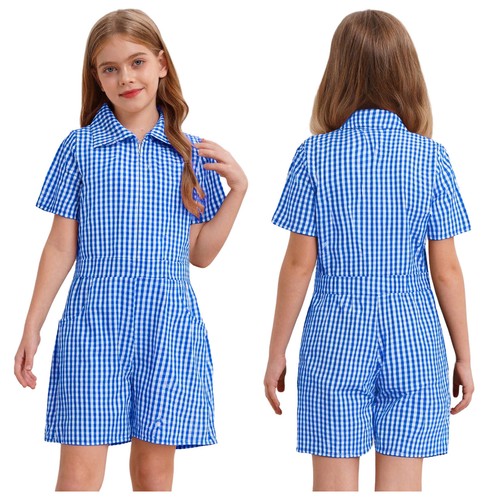 Kids Girls Plaid School Uniform Playsuit Short Sleeve Turn-Down Collar Jumpsuit - Picture 16 of 107