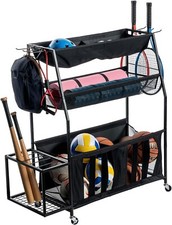 Black Metal 3 Tier Multi-Sports Ball Trolley Cart, Sporting Gear Storage Rack