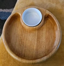 Crate & Barrel Beech Wood Ceramic Chip Dip Bowl Tray Beechwood Round 12"  *Read*