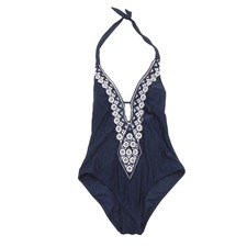 Kona Sol Women One-Piece Swimsuit Monokini Crochet Lace Halter Navy/White Size S