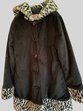 Copper Key Child's Black Faux Fur Coat Jacket Animal Print Trim Hooded Size 7-8