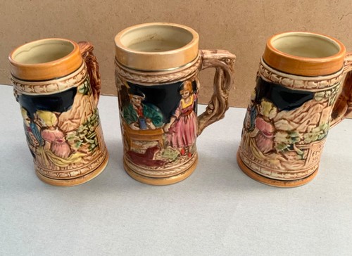 LOT 3 VINTAGE GERMAN STYE JAPAN BEER STEINS 5 1/4” & 5 3/4” CERAMIC MUGS - Picture 2 of 7
