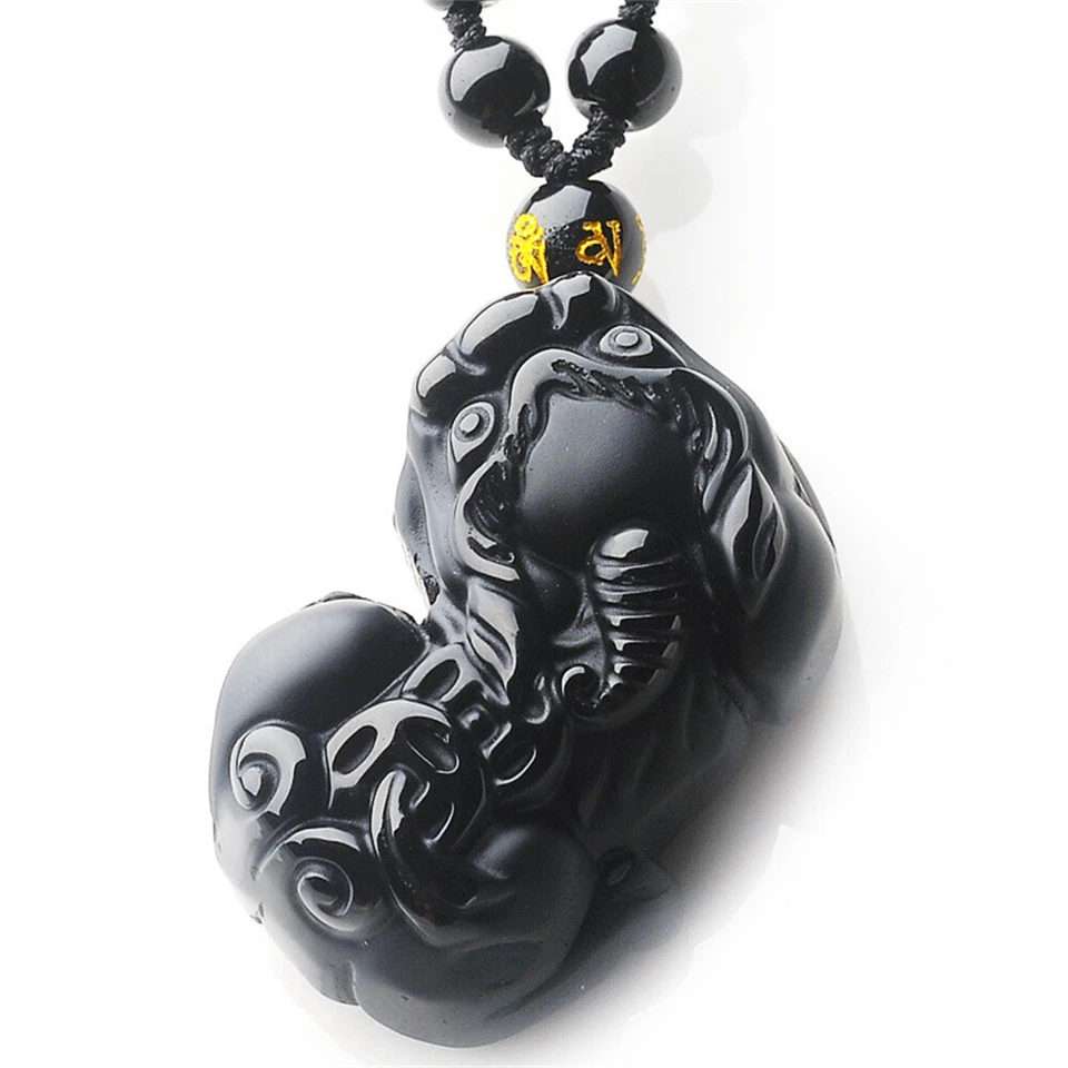 Collar amuleto colgante PiXiu moneda china obsidiana negra natural encanto de la suerte Foto 4 de 4