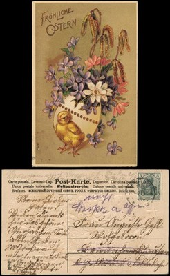 Ostern / Easter Küken Riesenei mit Veilchen 1908 Goldrand/Prägekarte