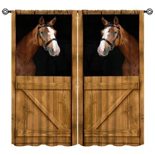 Rustic Horse Curtains,Barn Door Farm Country Funny Animal Wildlife Print Wind...