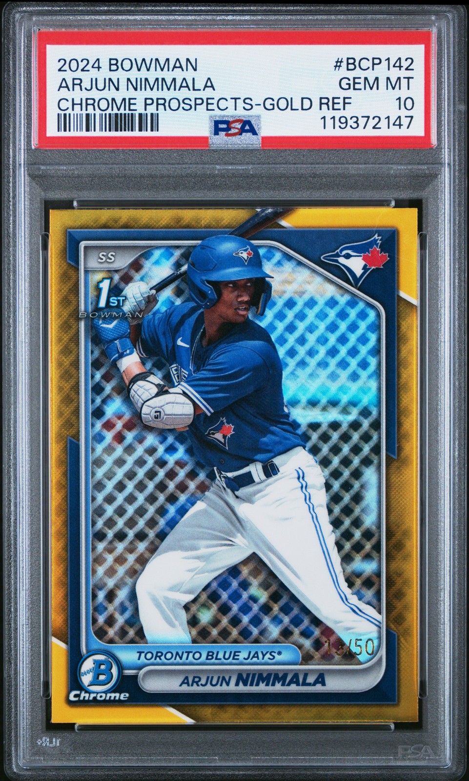 2024 BOWMAN CHROME PROSPECTS GOLD REFRACTOR #BCP142 ARJUN NIMMALA 13/50 PSA 10