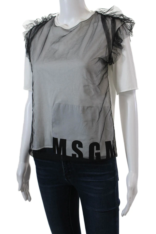 MSGM женщин хлопок короткий рукав круглый вырез блузка верхний твердый белый размер M - Изображение 2 из 4