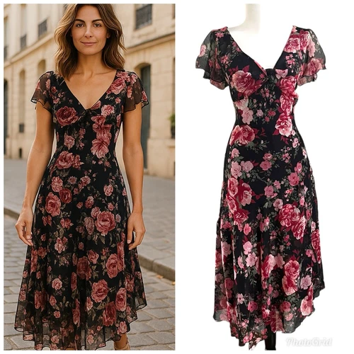 Vintage CDC Babydoll Y2K Dress 14 Pink Rose Floral Midi Fairycore Asymmetrical