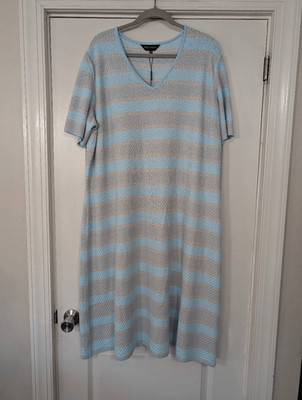 Ming Wang Striped Jacquard Midi T-Shirt Dress women's 2X blue gray NWTs