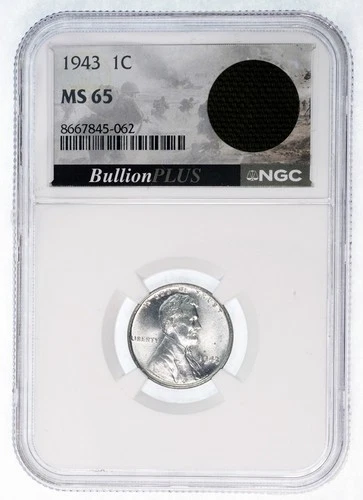 1943 1c Lincoln Steel Wheat Cent NGC MS65 WWII M6 Bazooka Rocket Bag Fragment