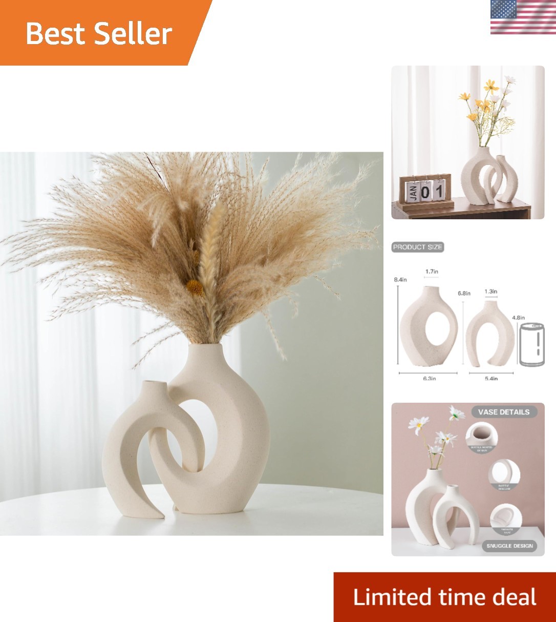 Handmade Off-White Vases for Home Decor - Set of 2 Stylish Flower Holders