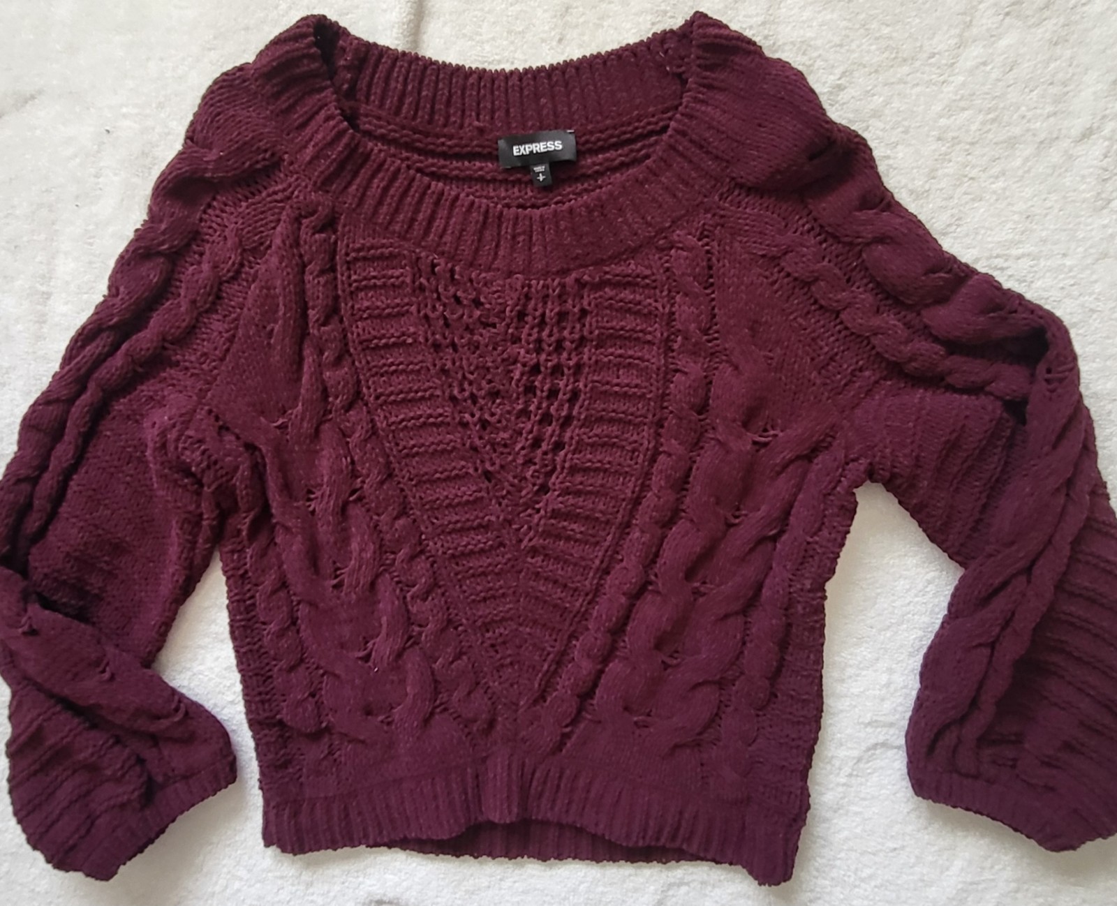 Express Chunky Cable Knit Maroon Sweater Women's S Crop Crew Neck Long Sleeve