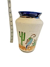Tonala Vase Mexican Art Pottery Wide Rim Bird Cactus Cattails Signed CD 8" H