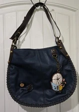 CHALA Deluxe Tote Purse Shoulder Bag Ocean Theme Pebbled Navy Blue-EUC