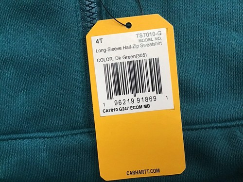 Sweat à capuche unisexe demi-fermeture éclair vert sarcelle Carhartt 4T neuf (G8-31) - Photo 6 sur 7