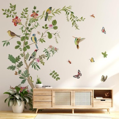 Tree Wall Stickers Chinese Style Green Leaves Branch Bird Wall Decals Peel an...