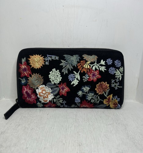 Lucky Brand Wildleder Leder Blumen bestickt große Reißverschluss Geldbörse