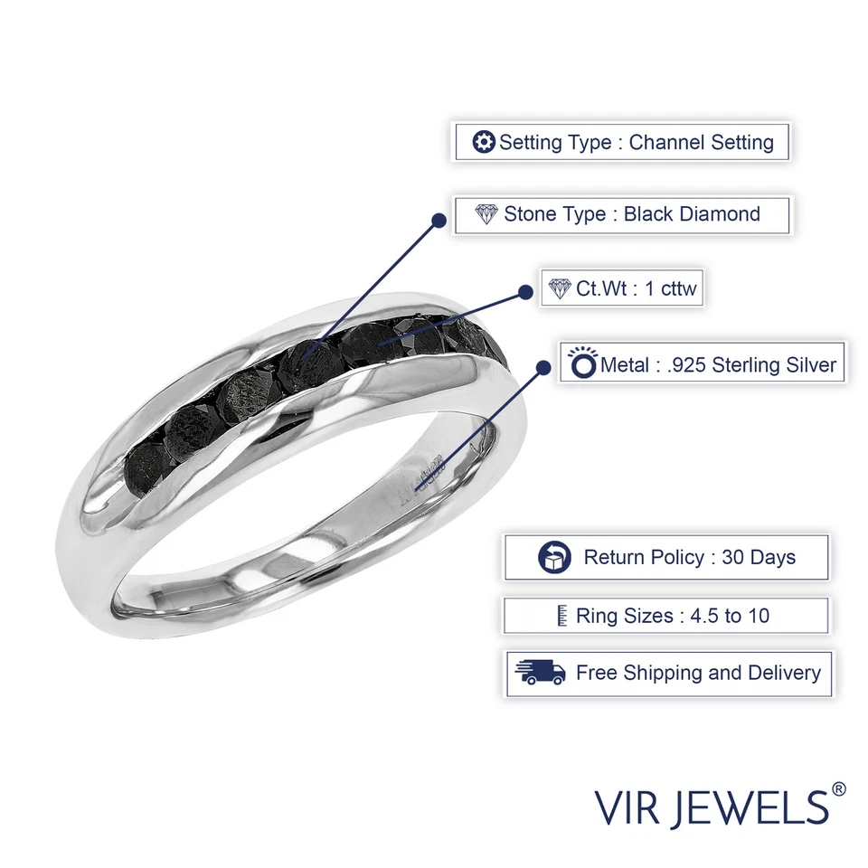 Alianza de boda anillo de diamantes negros de 1 quilate para hombre en canal redondo de plata de ley .925 Foto 3 de 4