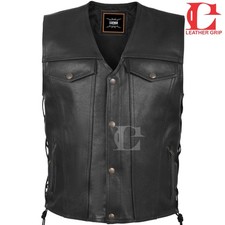 Men  s Leather Motorcycle Vest   Club Style Biker Waistcoat with Concealed Carry