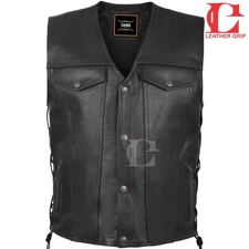Men’s Leather Motorcycle Vest – Club Style Biker Waistcoat with Concealed Carry
