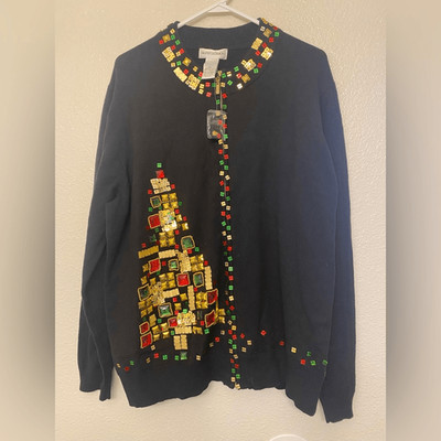 Drapers & Damons black holiday Christmas cardigan zip sweater jewel accents 2X