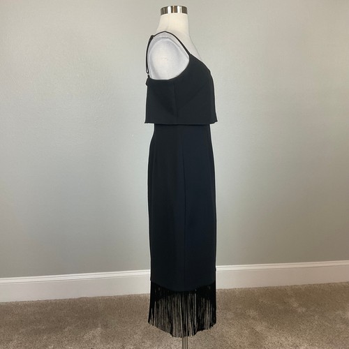 Adrianna Papell Women's Cocktail Dress Size 8 Black Crepe Fringe Hem Midi Sheath - Picture 3 of 13