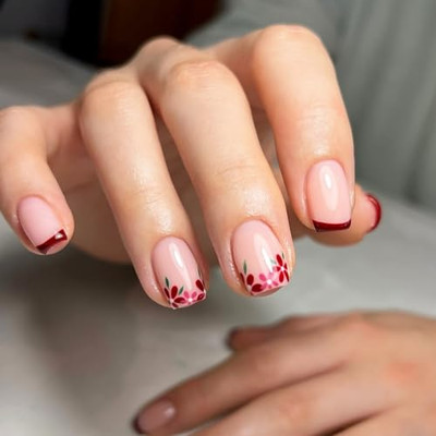 24 Pcs French Tip Press on Nails Short Square Flower Fake Nails with Designs 