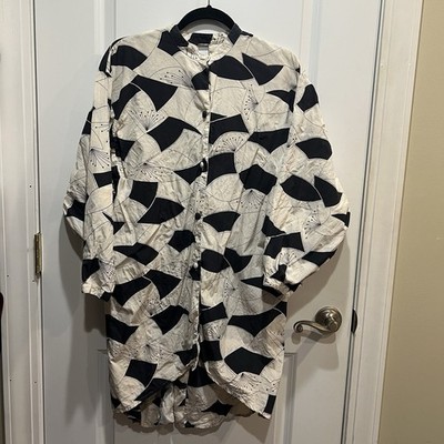 Dsign Paris 100% Silk Tunic Shirt Dress Black Ivory Abstract Print Size 8