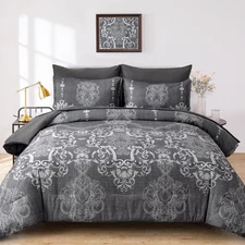 Grey King Comforter Set 7 Piece Damask Bed in a Bag Boho Bedding All Season