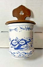 Vintage Blue Onion / Salt Ceramic Box Hinged with Wooden Lid  1970's
