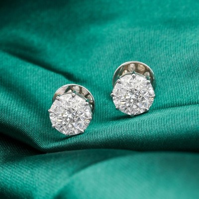 1.67 Ct Natural SI/H Pie Diamond Stud Minimalist Earrings 18k White Solid Gold