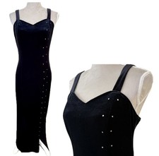 Vintage 90s Onyx Nite Maxi Dress 8 Black Velour Rhinestones Slit Whimsigoth Glam